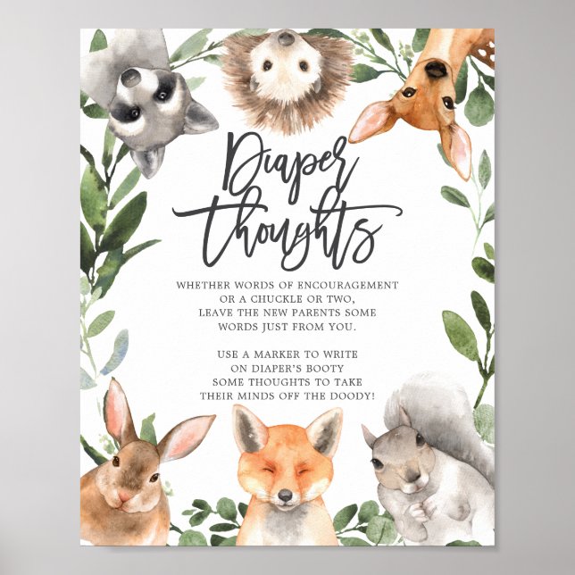 Póster Woodland Animals Baby Shower Diaper Thoughts Rótul (Frente)