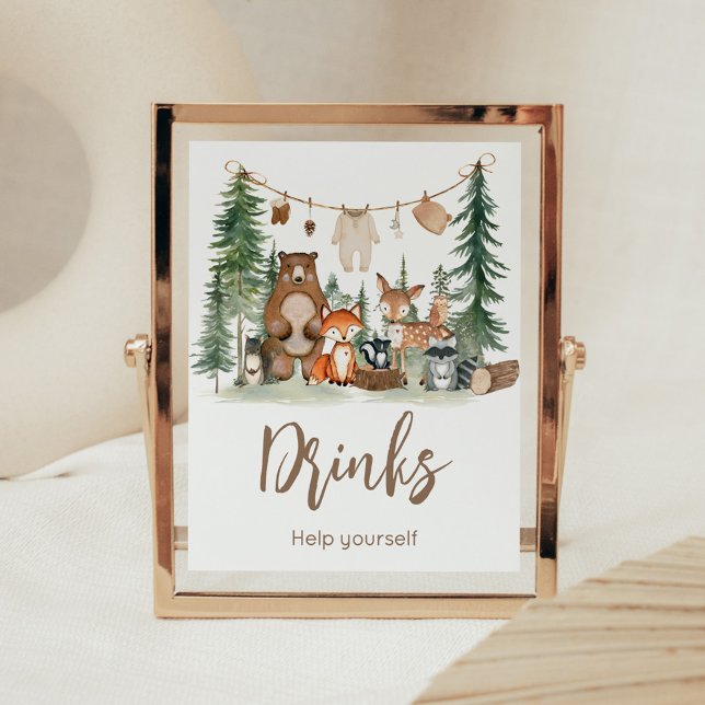 Póster Woodland Animals Baby Shower Drinks Sign (Woodland Animals Adventure Awaits Rustic Baby Shower Sign)