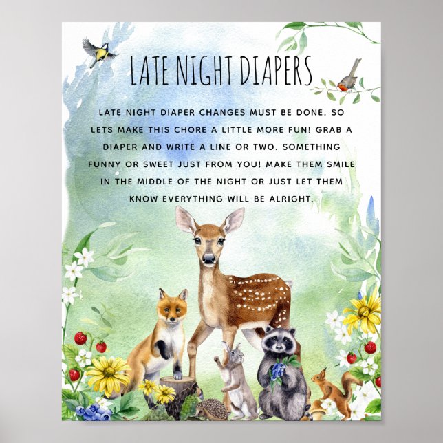 Póster Woodland Animals Baby Shower 'Late Night Diaper' (Frente)