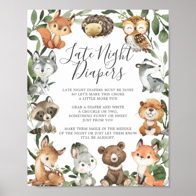 Póster Woodland Animals Baby Shower Late Night Diapers (Frente)