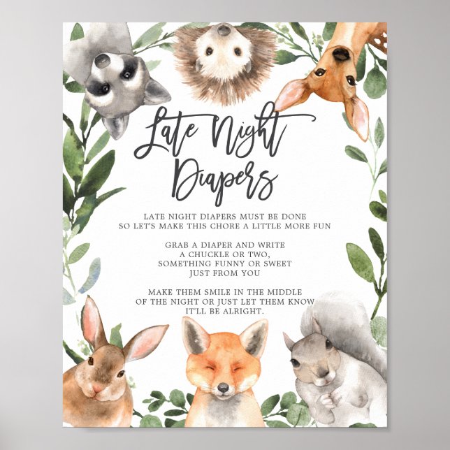 Póster Woodland Animals Baby Shower Late Night Diapers (Frente)