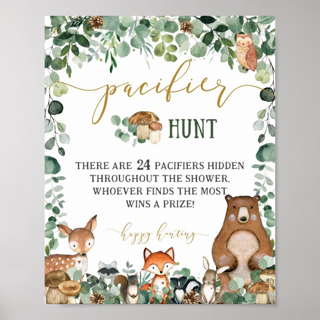 Póster Woodland Animals Baby Shower Pacifier Hunt Game (Frente)