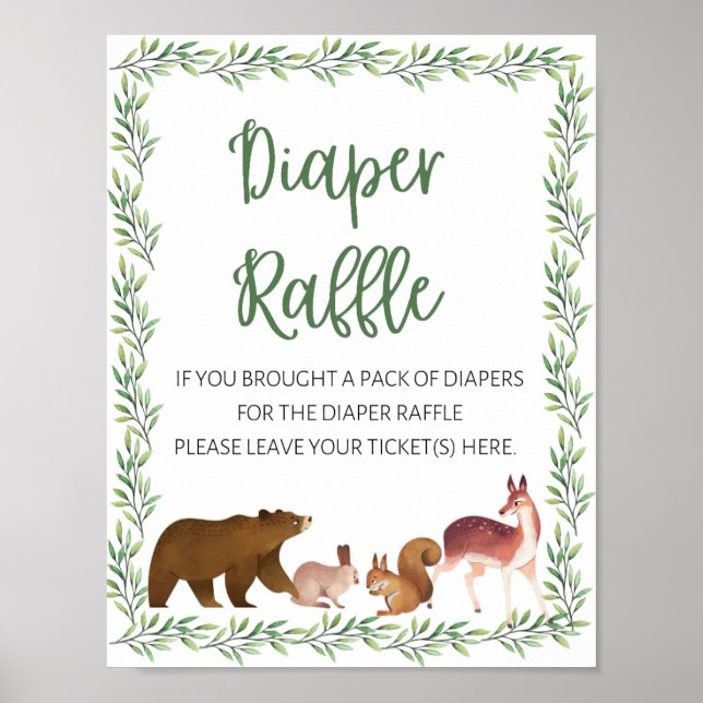 Póster Woodland Animals Baby Shower Rótulo Diaper Raffle (Frente)
