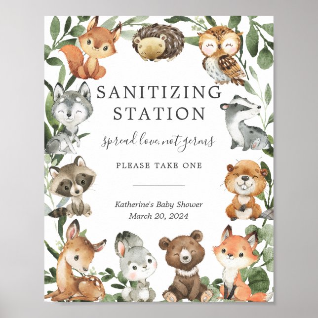 Póster Woodland Animals Baby Shower Sanitization Station (Frente)
