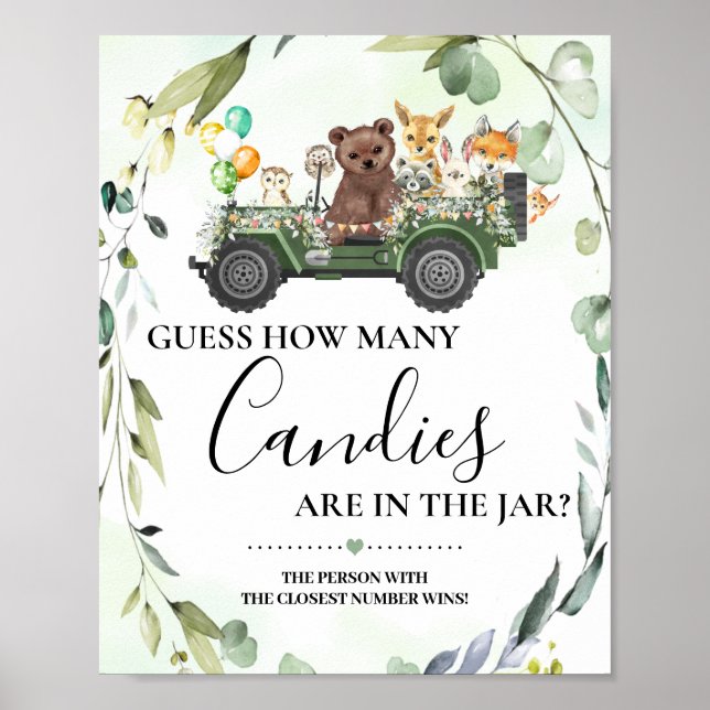 Póster Woodland Animals Cuántos Candies Baby Shower Game (Frente)