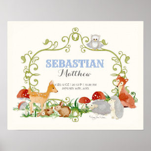 Póster Woodland Animals Deer Fox Boy Recién Nacidos