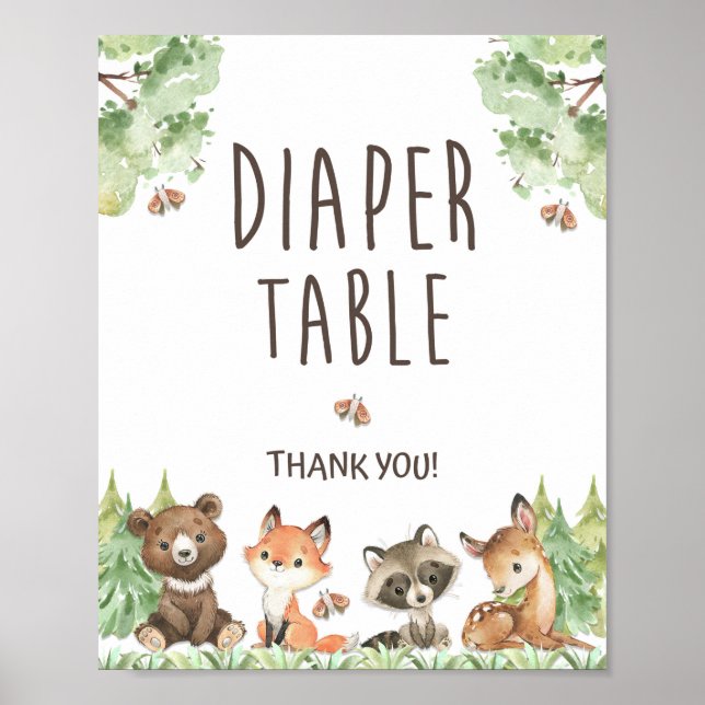 Póster Woodland Animals Diaper Table Shower Rótulo (Frente)