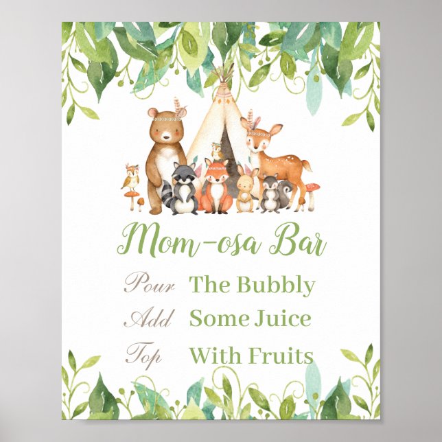 Póster Woodland Animals Greenery Baby Shower Momosa Bar (Frente)