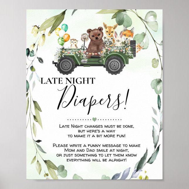 Póster Woodland Animals Late Night Diapers Baby Shower (Frente)