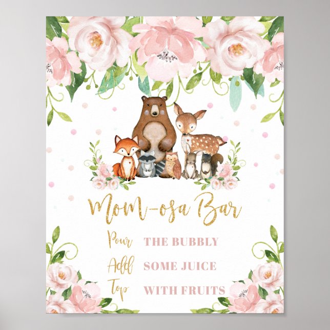 Póster Woodland Animals Pink Floral Mom-osa Bar Mimosa (Frente)