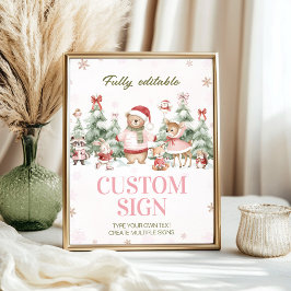 Póster Woodland Animals Pink Winter Birthday Custom Sign