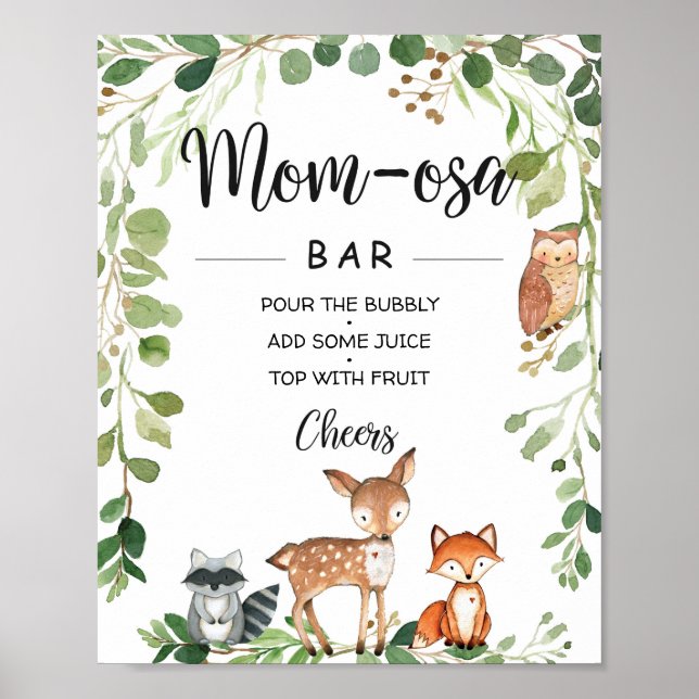Póster Woodland Animals Rótulo Baby Shower Mom-osa Bar (Frente)