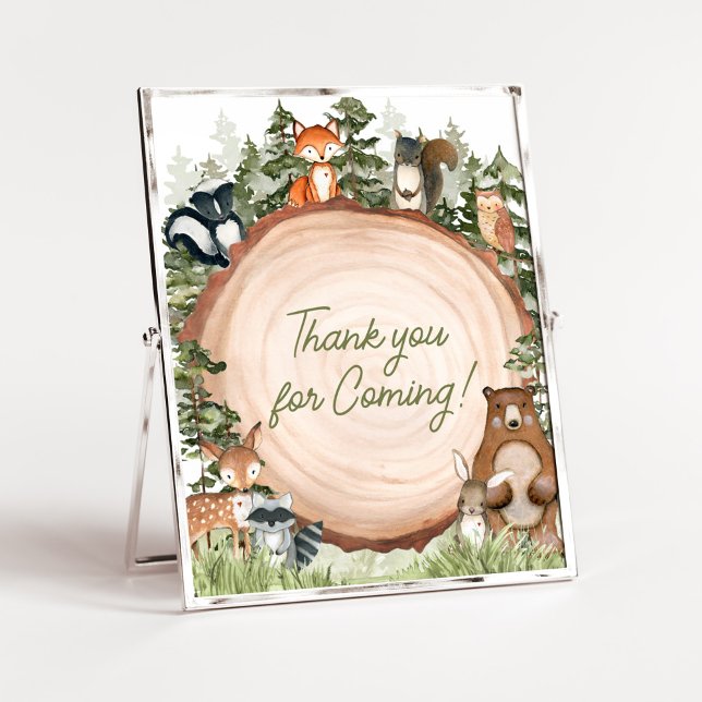 Póster Woodland Animals Wood Slice Gracias por Venir (Boy Woodland Animals Baby Shower Thank you for Coming Sign)