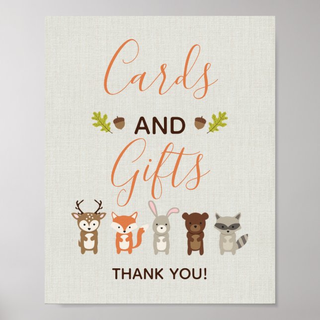 Póster Woodland Baby Shower Cards and Gifts Sign (Frente)