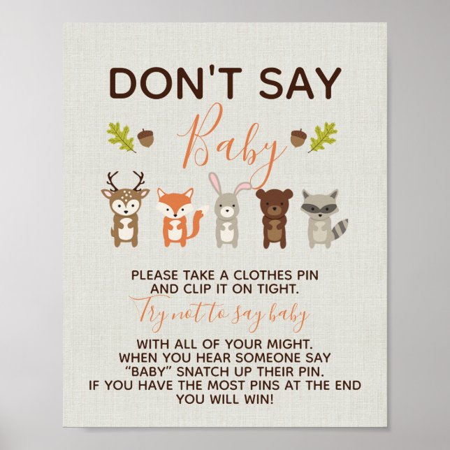 Póster Woodland Baby Shower Game - Don't Say Baby (Frente)