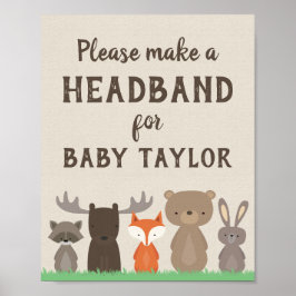 Póster Woodland Baby Shower Headband Station Rótulo Poste