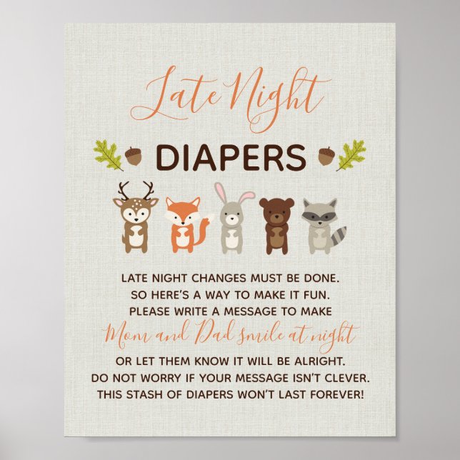Póster Woodland Baby Shower Late Night Diapers Sign (Frente)