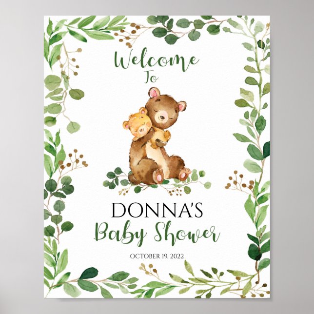 Póster Woodland Baby Shower Welcome Bear (Frente)