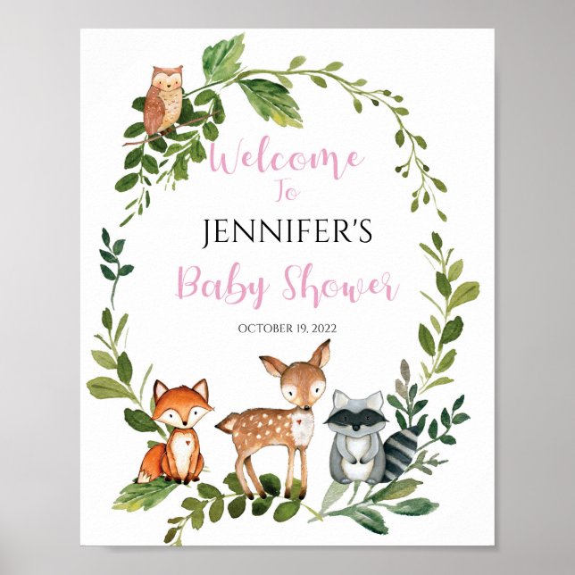 Póster Woodland Baby Shower Welcome Sign Girl (Frente)