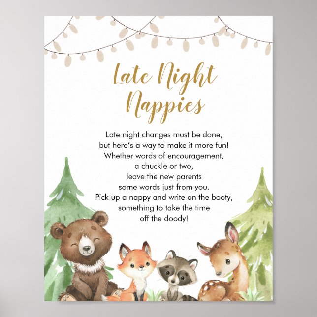 Póster Woodland Baby Shower Wild Late Night Nappies (Frente)