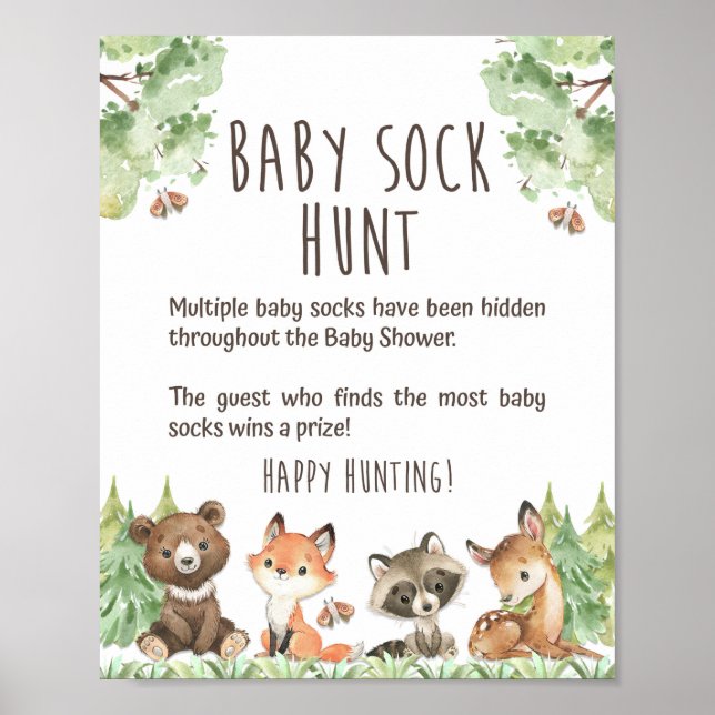 Póster Woodland Baby Sock Hunt Shower Game Rótulo (Frente)