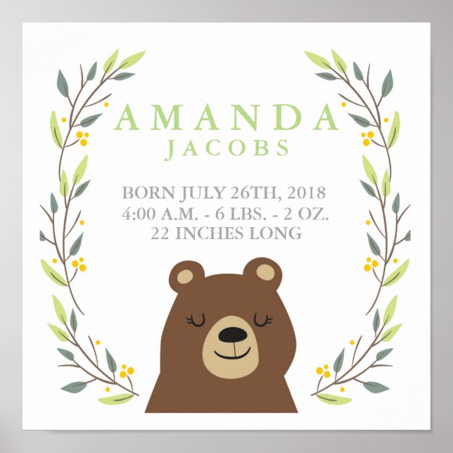 Póster Woodland Bear Baby Stats Poster (Frente)