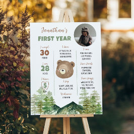 Póster Woodland Bear primer Rótulo hito de cumpleaños