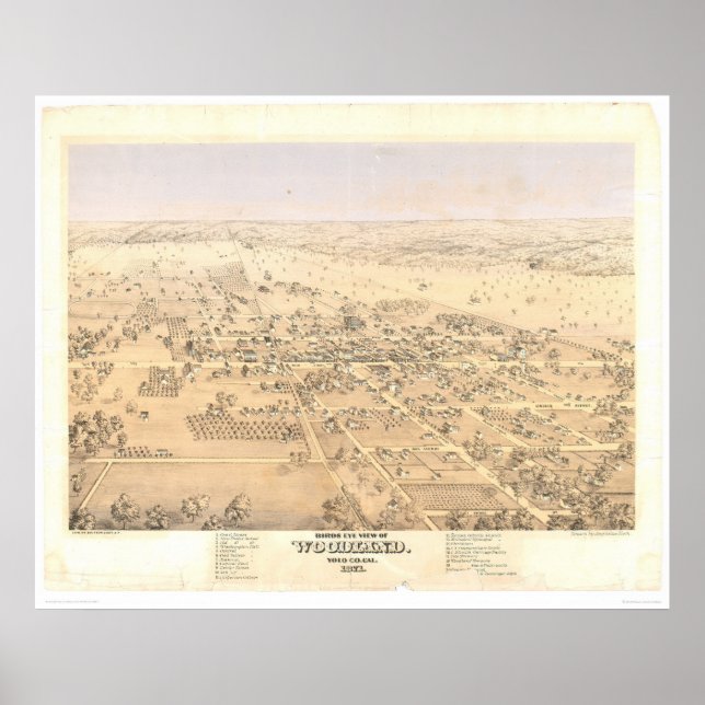 Póster Woodland, California. Mapa panorámico (1874A) (Frente)