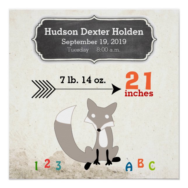 Póster Woodland Creations Fox Baby Stats Keepsake (Anverso)