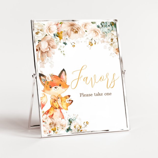 Póster Woodland Floral Fox Baby Shower Favors (Fox Baby Shower Favors Sign)