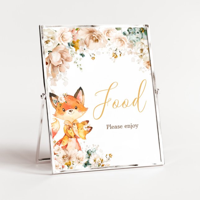 Póster Woodland Floral Fox Baby Shower Food (Fox Baby Shower Food Sign)