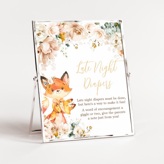 Póster Woodland Floral Fox Baby Shower Late Night Diapers (Fox Baby Shower Late Night Diapers Sign)