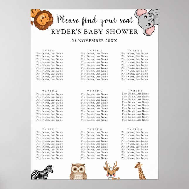 Póster Woodland Forest Animals Baby Shower Seating Charts (Frente)