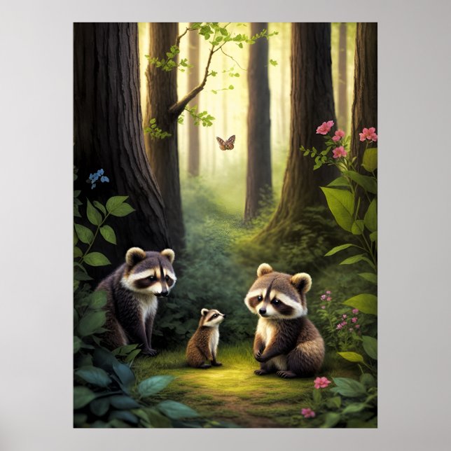 Póster Woodland Forest Animals Raccoon Family AI Art (Frente)