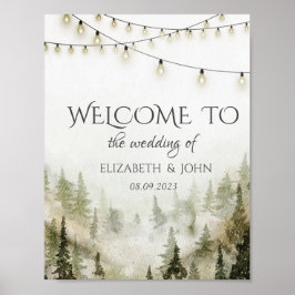 Póster Woodland,Forest,Pine Trees,String Lights Boda