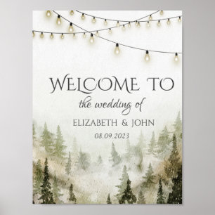 Póster Woodland,Forest,Pine Trees,String Lights Boda