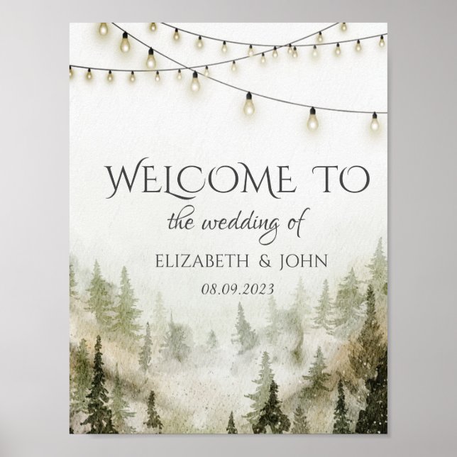 Póster Woodland,Forest,Pine Trees,String Lights Boda (Frente)