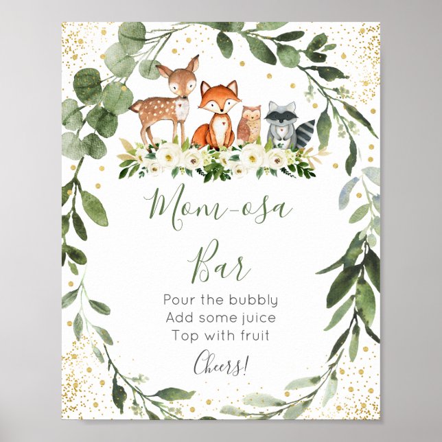 Póster Woodland Greenery Baby Shower Mimosa Bar (Frente)
