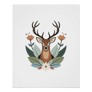 Póster Woodland Harmony – Boho Deer Botanical Illustratio