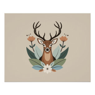 Póster Woodland Harmony – Boho Deer Botanical Illustratio