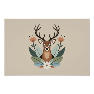 Póster Woodland Harmony – Boho Deer Botanical Illustratio