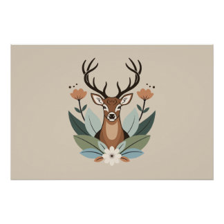 Póster Woodland Harmony – Boho Deer Botanical Illustratio
