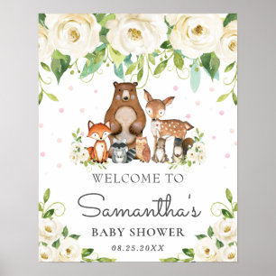 Póster Woodland Ivory Floral Baby Shower Welcome Sign
