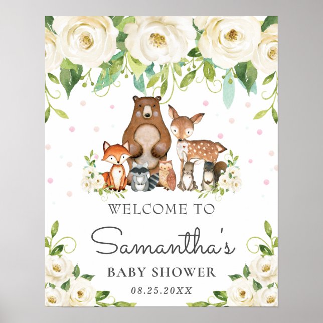 Póster Woodland Ivory Floral Baby Shower Welcome Sign (Frente)