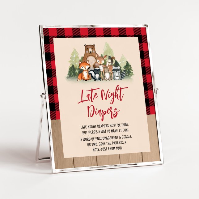 Póster Woodland Lumberjack Baby Shower Late Night Diapers (Plaid Lumberjack Baby Shower Late Night Diapers Sign)