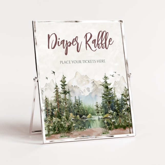 Póster Woodland Mountain Baby Shower Diaper Raffle (Let The Adventure Begin Baby Shower Diaper Raffle Sign)