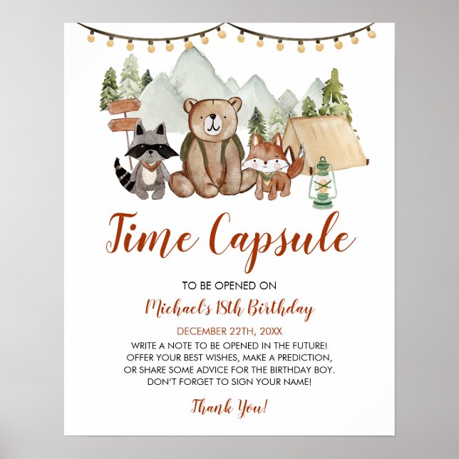 Póster Woodland One Happy Camper Birday Time Capsule (Frente)