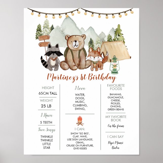Póster Woodland One Happy Camper First Birday Milestone (Frente)