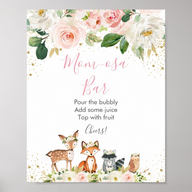 Póster Woodland Rubor Floral Baby Shower Mimosa Bar (Frente)
