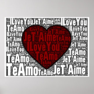 Póster Word Art: "Te amo" 3 idiomas - Corazón Rojo